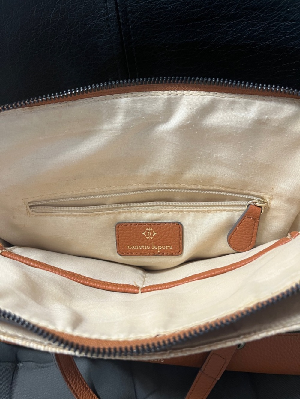 Nanette Lepore Cream and Brown Woven Satchel with Tortoiseshell Accents - Picture 5 of 8
